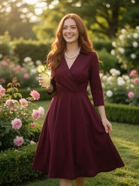 Miusol Burgundy Collared Fit-and-Flare Midi Dress